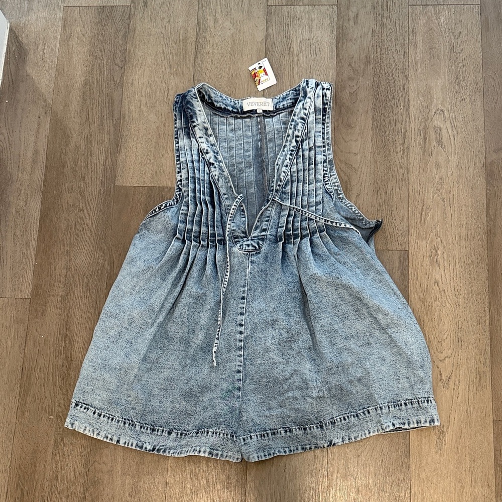 Light Wash Denim Romper with Pintuck Front